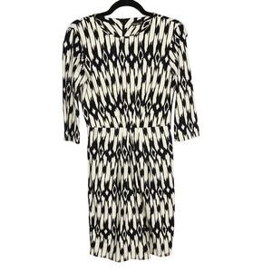 J McLaughlin Small Cream Black Ikat Sheath Dress Catalina Cloth 3/4 Sleeve Crew